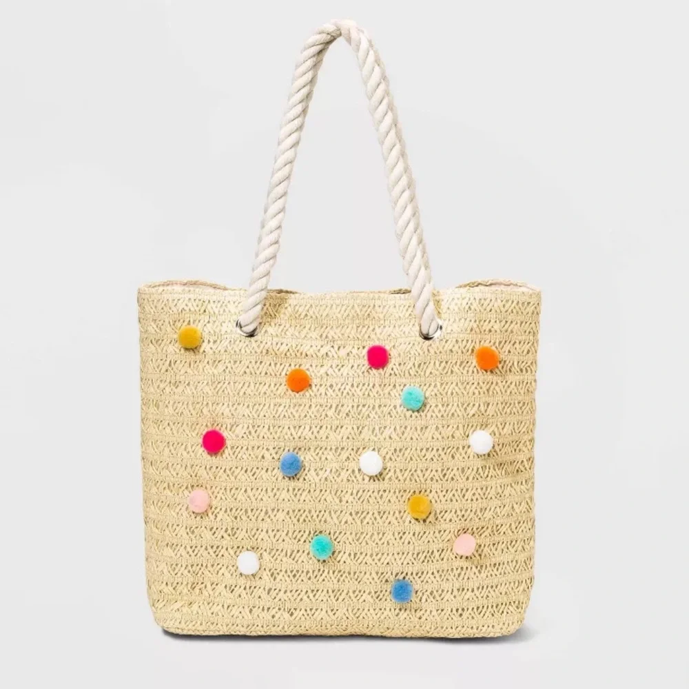Cat & Jack Beach Straw Bag Rope‎ Handle with Pom Poms New with Tags